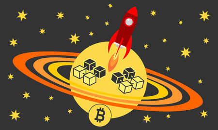 Conceptual template of blockchain with a rocket and planet. Vector graphic illustration.のイラスト素材
