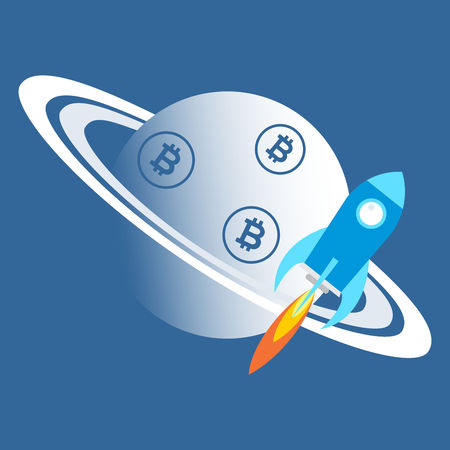 Planet icon with a rocket. Crypto currency concept. Vector graphic illustration.のイラスト素材