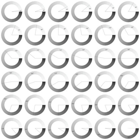 Set of 10 to 360 degree circle diagrams for infographics design elements.Vector graphic illustration.のイラスト素材