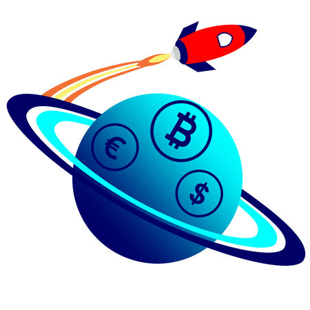 Planet icon with a rocket. Crypto currency concept. Vector graphic illustration.のイラスト素材