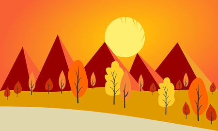 Flat vector landscape Illustration in autumn. Vector background with mountains and trees.のイラスト素材