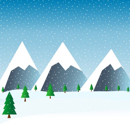 Flat vector landscape Illustration in winter. Vector background with mountains and pines.のイラスト素材