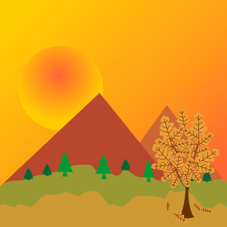Flat vector landscape Illustration in autumn. Vector background with mountains and trees.のイラスト素材
