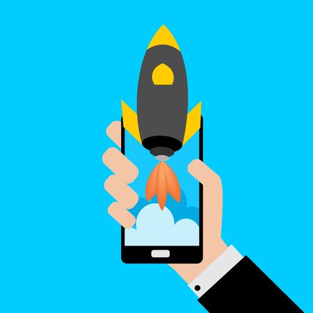 Businessman holding a smartphone with a rocket.Concept of Start up. Flat design, vector illustration.のイラスト素材