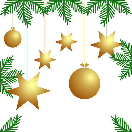 Christmas background with golden balls, stars and branches christmas tree.のイラスト素材
