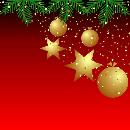Red background with confetti, golden balls,  stars and branches christmas tree. Merry Christmas and Happy New Year.のイラスト素材