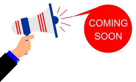 Human hand holding megaphone. Social media marketing. Vector illustration in flat design. Sign for the coming soon.のイラスト素材