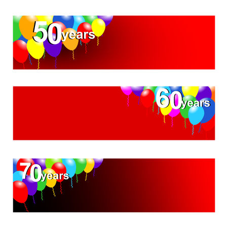 Set of three banners for anniversary with 50,60 and 70 years.  Vector graphic background with colorful balloons.のイラスト素材
