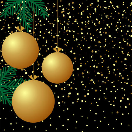 Black background with confetti, golden balls and branches christmas tree. Merry Christmas and Happy New Year.のイラスト素材