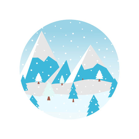 Snow forest in circle. Pines, trees and mountain in winter. Paper vector Illustration.のイラスト素材