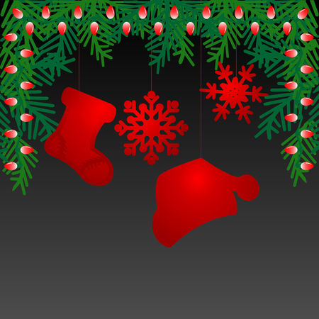 Black background with red christmas decorations. Branches christmas tree with red holiday lights. Merry Christmas and Happy New Year.のイラスト素材