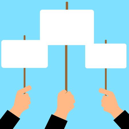 Hands hold a board for advertising or a messages. Vector graphic illustration.のイラスト素材