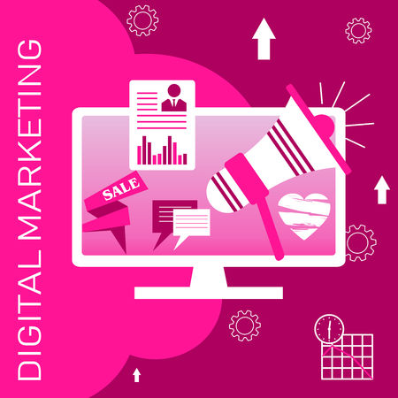 Concept illustration for digital marketing online business. Illustration design of vector flat icons and cloud elements.のイラスト素材