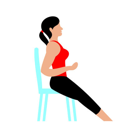 Beautiful young woman doing exercises with chair at home. A young girl exercising fitness training. Vector flat illustration.のイラスト素材