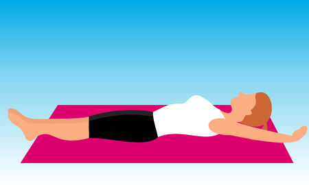 Beautiful woman doing exercises on the mat. A young girl exercising fitness training. Vector flat illustration.のイラスト素材