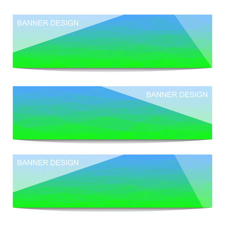 Set of three modern banners with polygonal background. Vector illustration composed of triangles. Sky blue and green colors with shadow.のイラスト素材