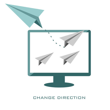 Change direction - business concept vector illustration. Airplane changing direction. New idea, change, trend, courage, creative solution, innovation and unique way concept.のイラスト素材