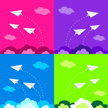Set of four background with aircrafts on sky. Business background vector illustration. New idea, change, trend, courage, creative solution, innovation and unique way concept.のイラスト素材