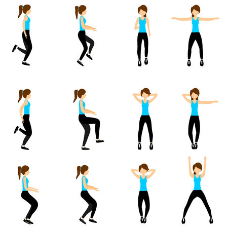Set of young girls doing exercises in the gym. Beautiful fit woman doing exercises  for body warming. Full of color flat vector illustration.のイラスト素材