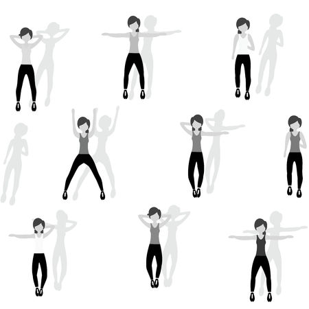 Seamless pattern with a woman jumping i the gym. Vector illustration of beautiful young girls with long shadow. Fitness background theme.のイラスト素材