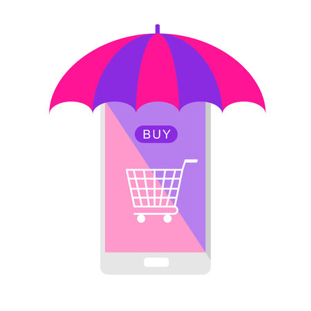Mobile phone or smartphone with sunshade and background for online buy. Color full vector flat icon.のイラスト素材