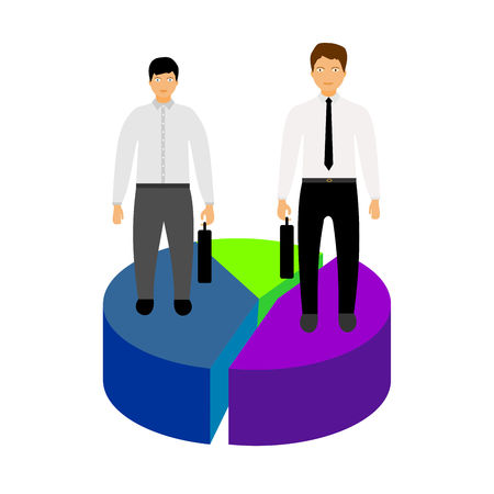 Market share business concept. Businessman with briefcase standing on pie chart. Economic financial share profit. Vector illustration in flat design.のイラスト素材