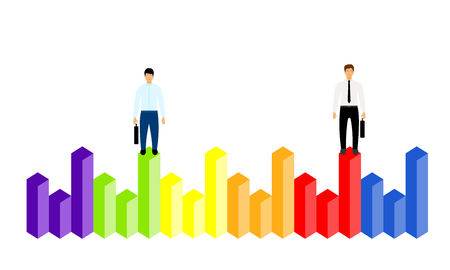 Market share business concept. Businessman with briefcase standing on column chart. Economic financial share profit. Vector illustration in flat design.のイラスト素材