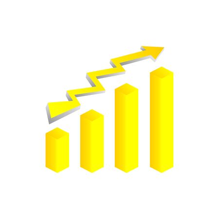 Yellow vector growth graph icon with arrow move up. Vector graphic illustration of column chart.のイラスト素材