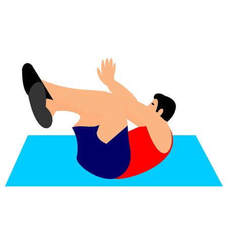 Young man of light skin doing exercises in the gym. Fit man doing exercises  for body warming or exercises for spine. Full of color flat vector illustration.のイラスト素材