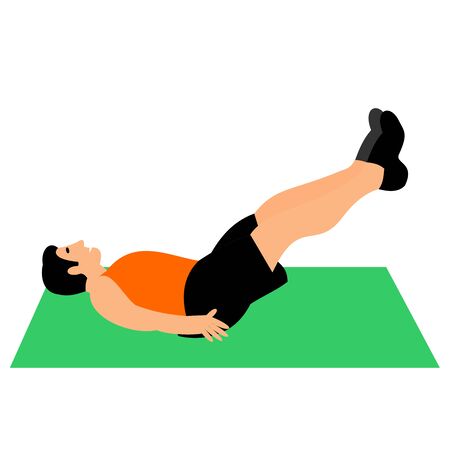 Young man of light skin doing exercises in the gym. Fit man doing exercises  for body warming or exercises for spine. Full of color flat vector illustration.のイラスト素材
