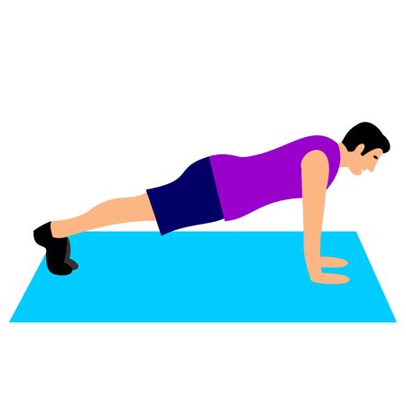 Young man of light skin doing exercises in the gym. Fit man doing exercises  for body warming or exercises for spine. Full of color flat vector illustration.のイラスト素材