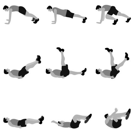 Set of young mans doing exercises in the gym. Fit mans doing exercises  for body warming or exercises for spine. Greyscale flat vector illustration.のイラスト素材