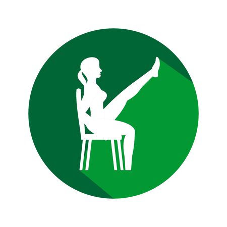 Young woman doing exercises with chair. Circle icon with long shadow and flat vector symbol.のイラスト素材