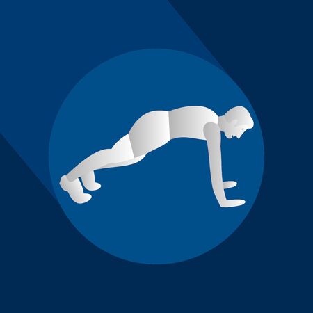 Fit man doing exercises  for body warming or exercises for spine. Icon with long shadow and flat vector symbol.のイラスト素材