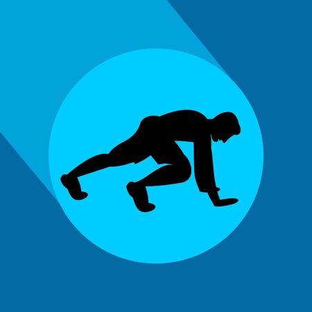Fit man doing exercises  for body warming or exercises for spine. Icon with long shadow and flat vector symbol.のイラスト素材