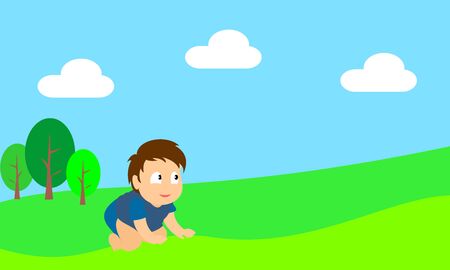 Background with a happy boy crawling on the grass. Baby boy vector illustration. Flat design.のイラスト素材