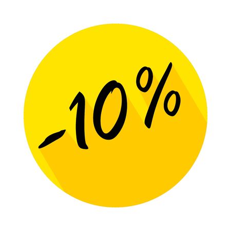 10% off circle icon with long shadow. Vector badges for labels, stickers, banners or tags of new offer. Discount badge in yellow background.のイラスト素材