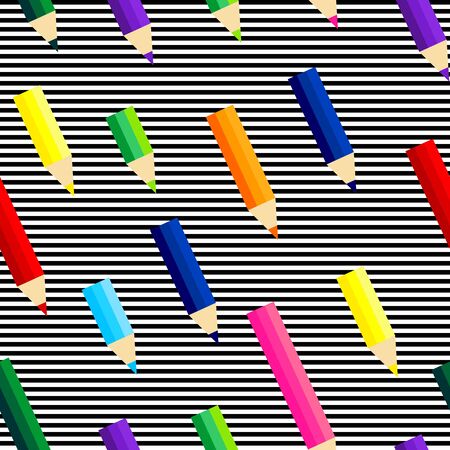 Seamless pattern with colorful pencils and black and white lines. Vector graphic illustration suitable for background.のイラスト素材