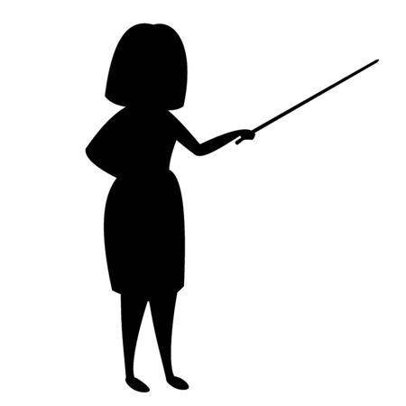 Silhouette of a woman explaining using a stick. Vector black and white flat illustration.のイラスト素材