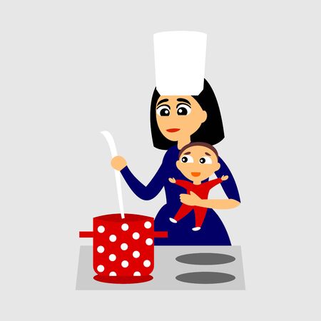 A woman with a baby in her arms stands next to the stove and cooks. Vector color graphic illustration.のイラスト素材