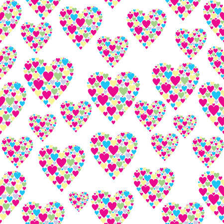 Seamless white background with hearts of different sizes and colors. Vector pattern of full color.