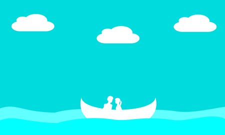 Lovers couple sit on a boat in the middle of the sea. Vector blue color illustration for honeymoon or Valentine day.のイラスト素材