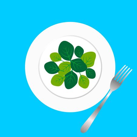 Fresh green spinach leaves on a white plate with fork. Flat top view space on light blue background. Vector illustration of healthy and  delicatessen food.のイラスト素材