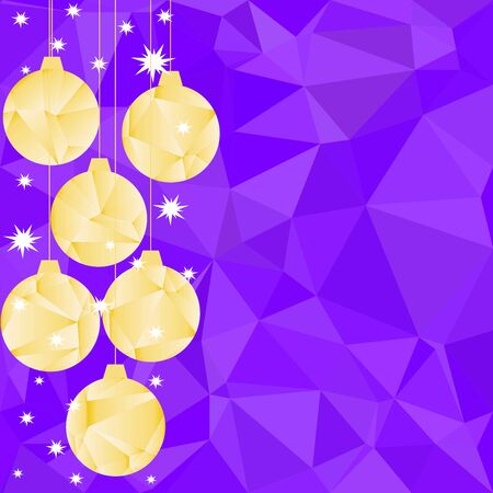 Pattern for Merry Christmas and Happy New Year made of triangles.  Purple polygon background with golden ball and stars.のイラスト素材