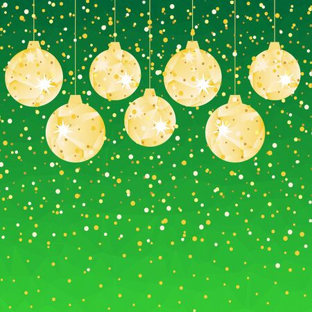 Pattern for Merry Christmas and Happy New Year made of triangles.  Green polygon background with golden balls and confetti.のイラスト素材