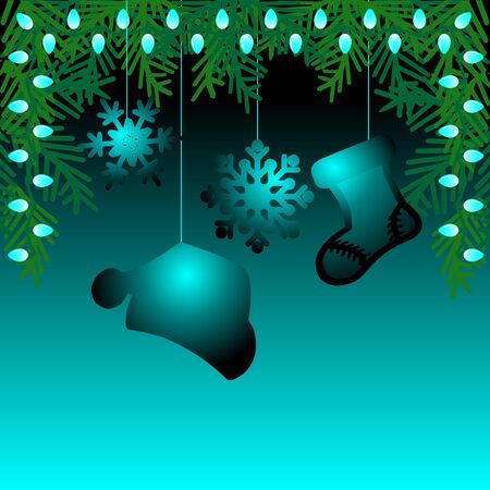 Black and blue background with shine blue christmas decorations. Branches christmas tree with blue holiday lights. Merry Christmas and Happy New Year.のイラスト素材