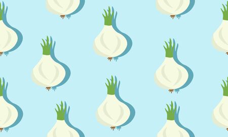 Seamless blue background with onion heads with shadow. Vector  illustration design with vegetables for template.のイラスト素材