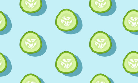 Seamless blue background with slice cucumbers with shadow. Vector  illustration design with...