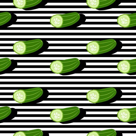 Seamless background with stripes and sliced cucumbers with dark shadow. Vector illustration design for template.のイラスト素材
