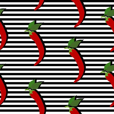 Seamless background with stripes and red chili peppers with dark shadow. Vector illustration design for template.のイラスト素材